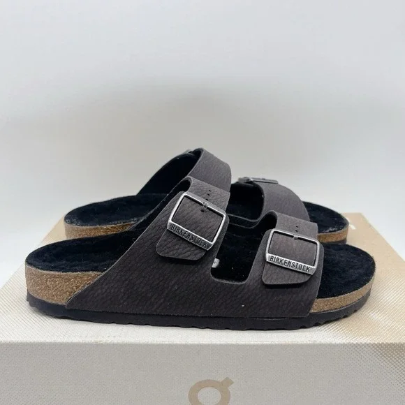 Birkenstock Arizona Shearling Synthetics Desert Dust Black Sandal Womens EU 41